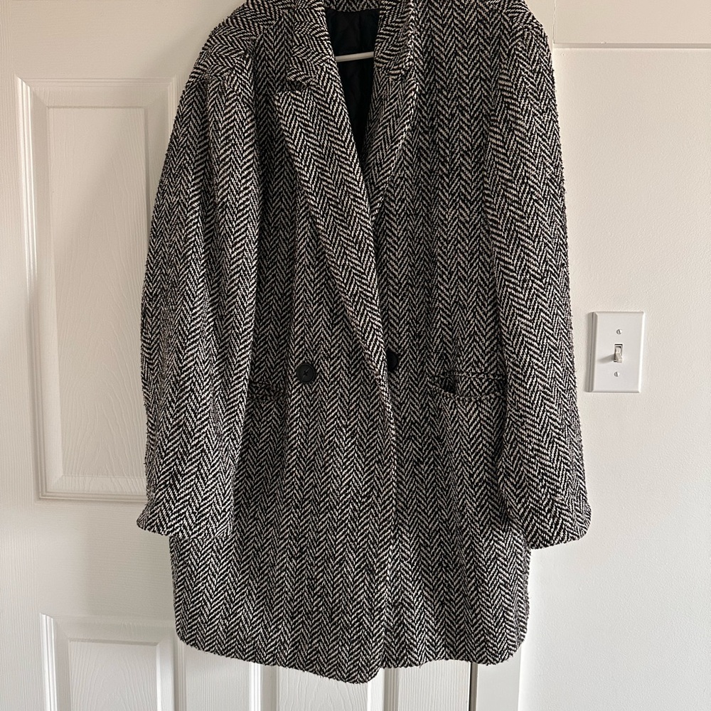 a new day Black and White Herringbone Pea Coat